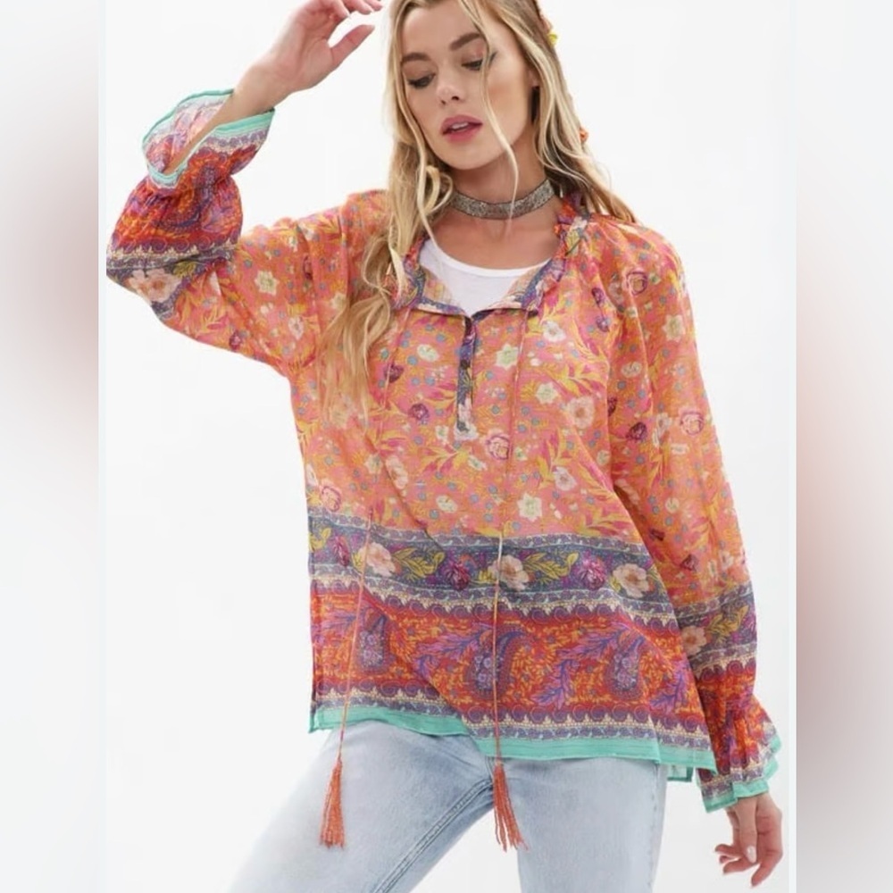 ARATTA WATERCOLOR DREAMS BOHO-Floral Blouse - Orange and Purple
